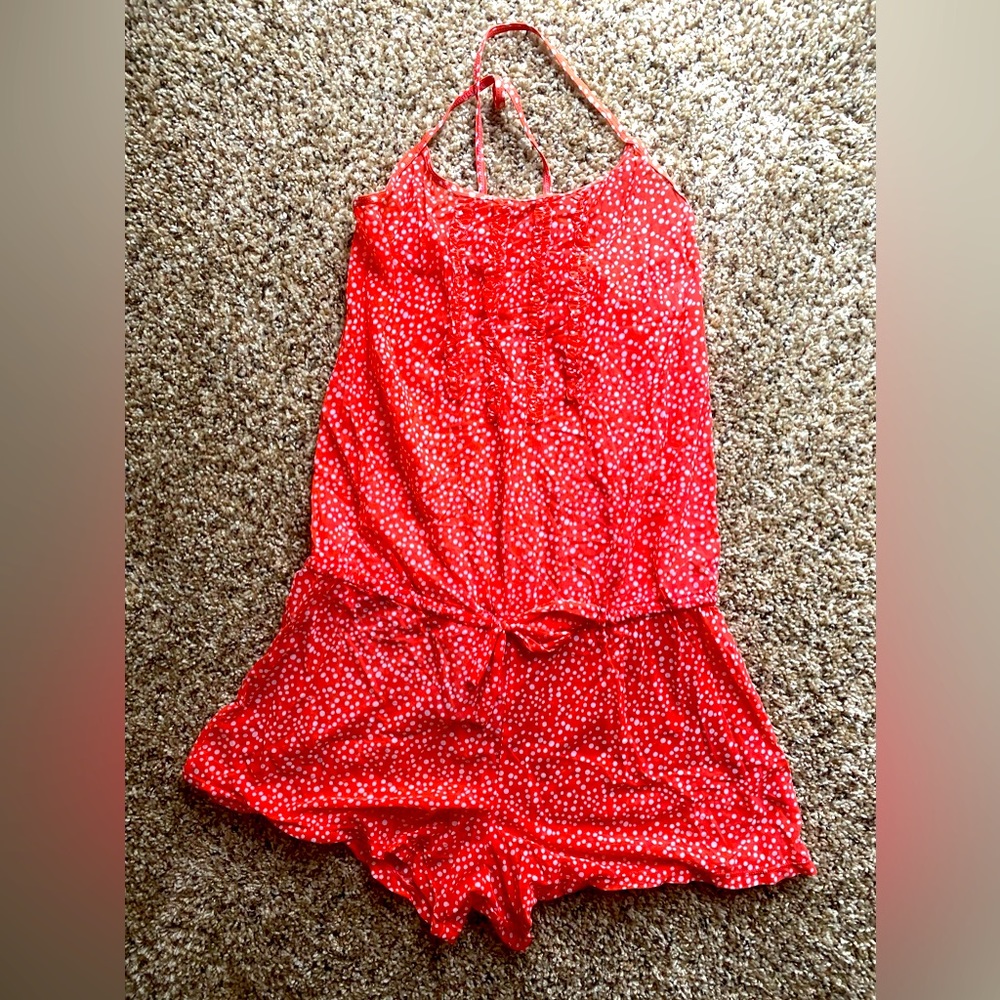 Romper Swim Cover Up red porka dot tie ruffle front XS